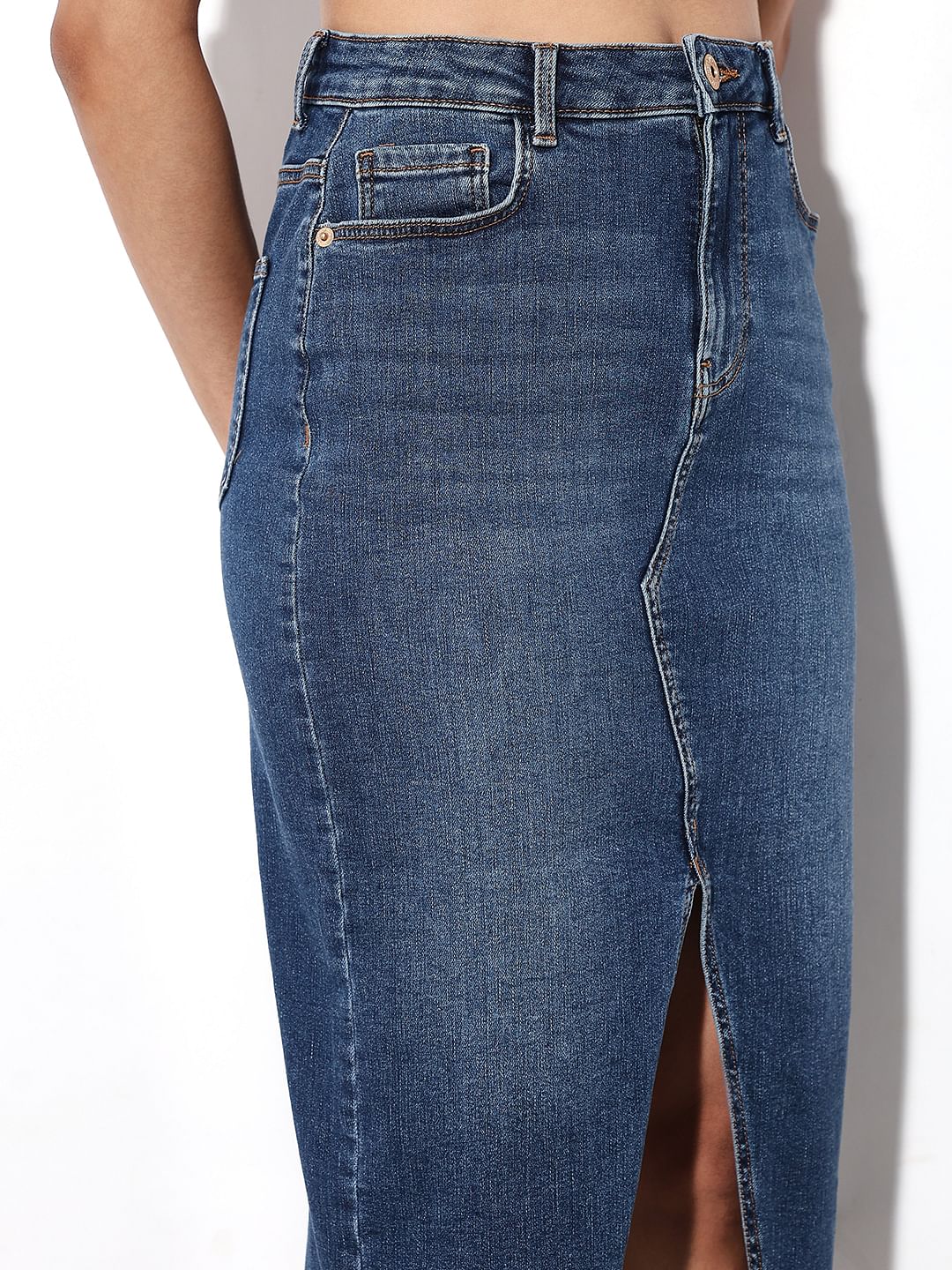 Blue High Rise Midi Denim Skirt