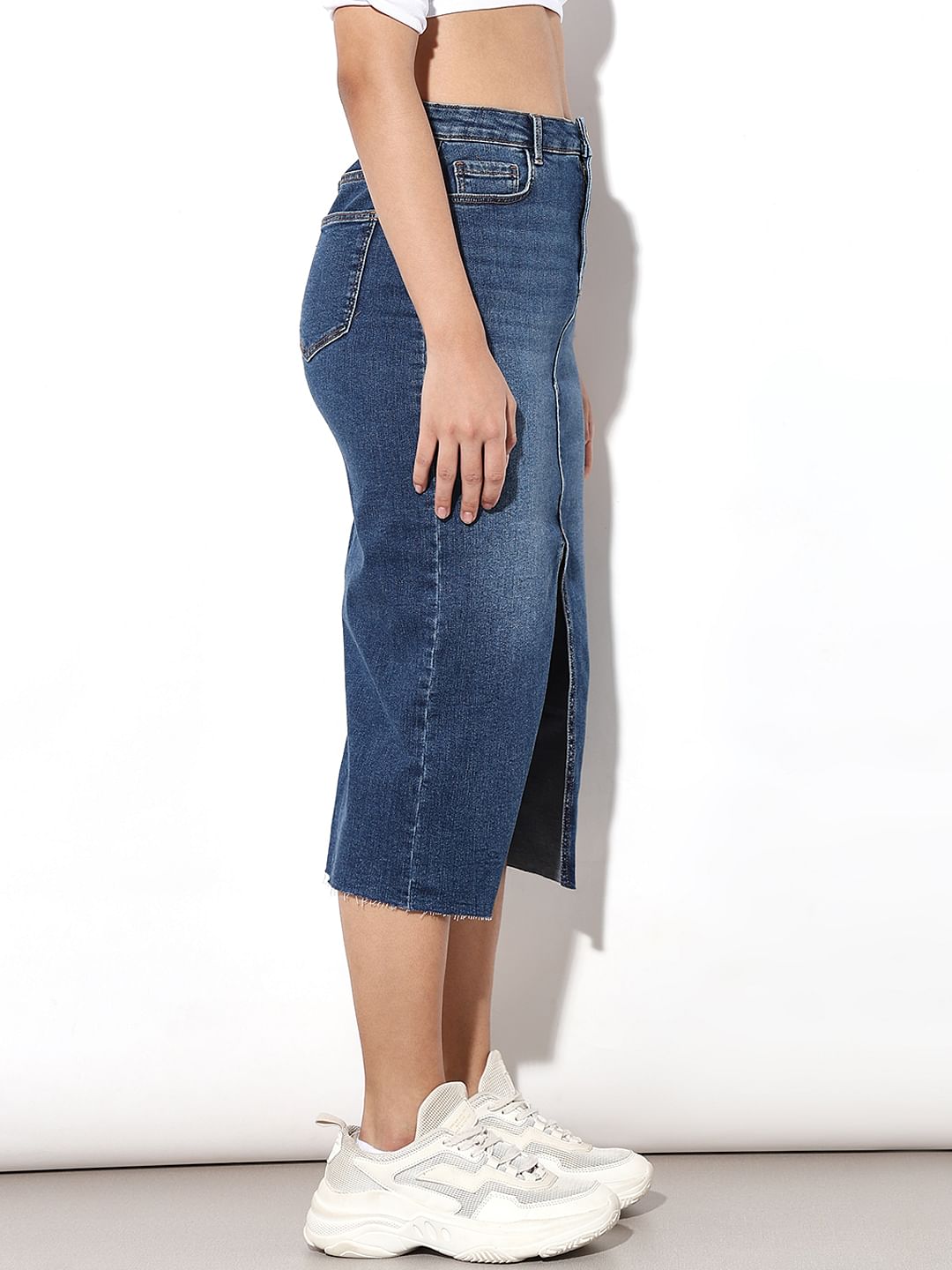 Blue High Rise Midi Denim Skirt