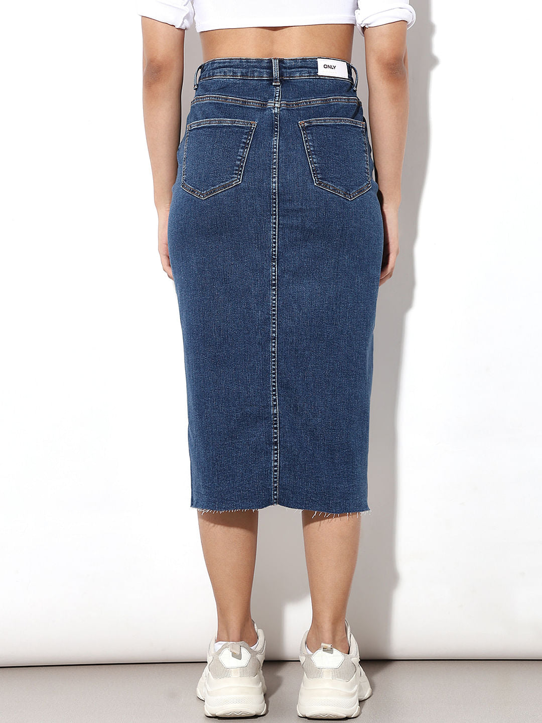 Blue High Rise Midi Denim Skirt