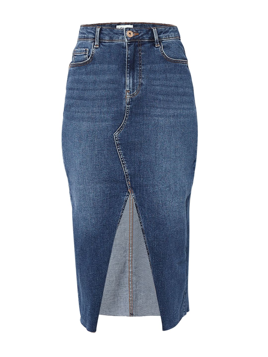 Blue High Rise Midi Denim Skirt