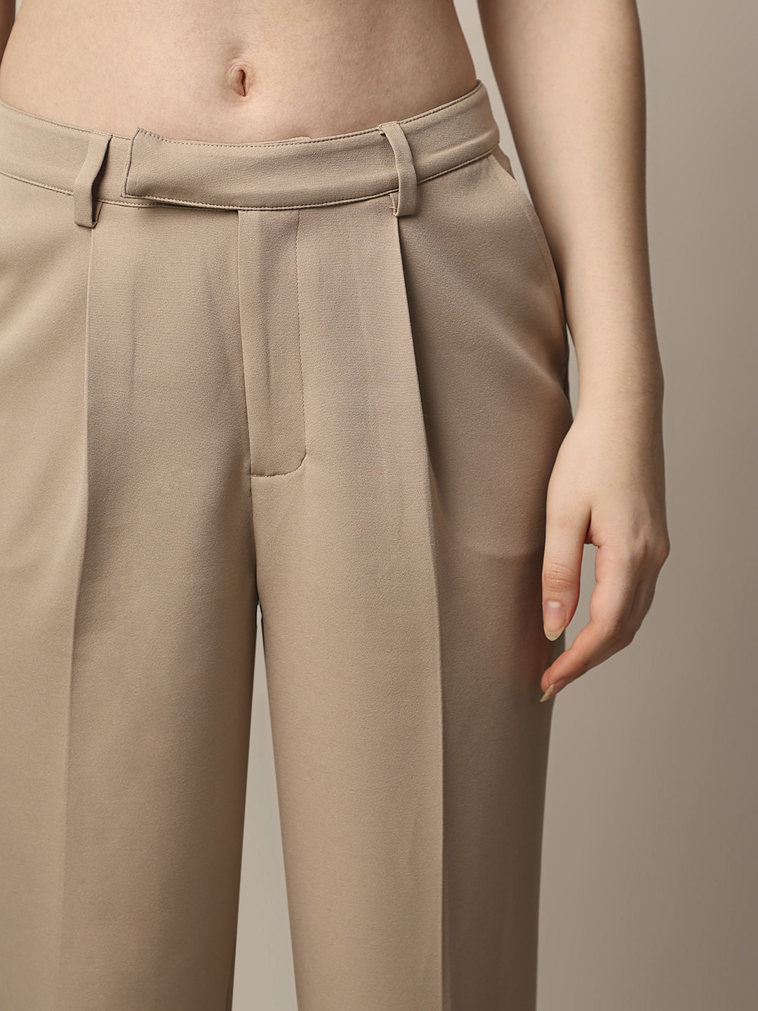 Beige High Rise Tailored Pants
