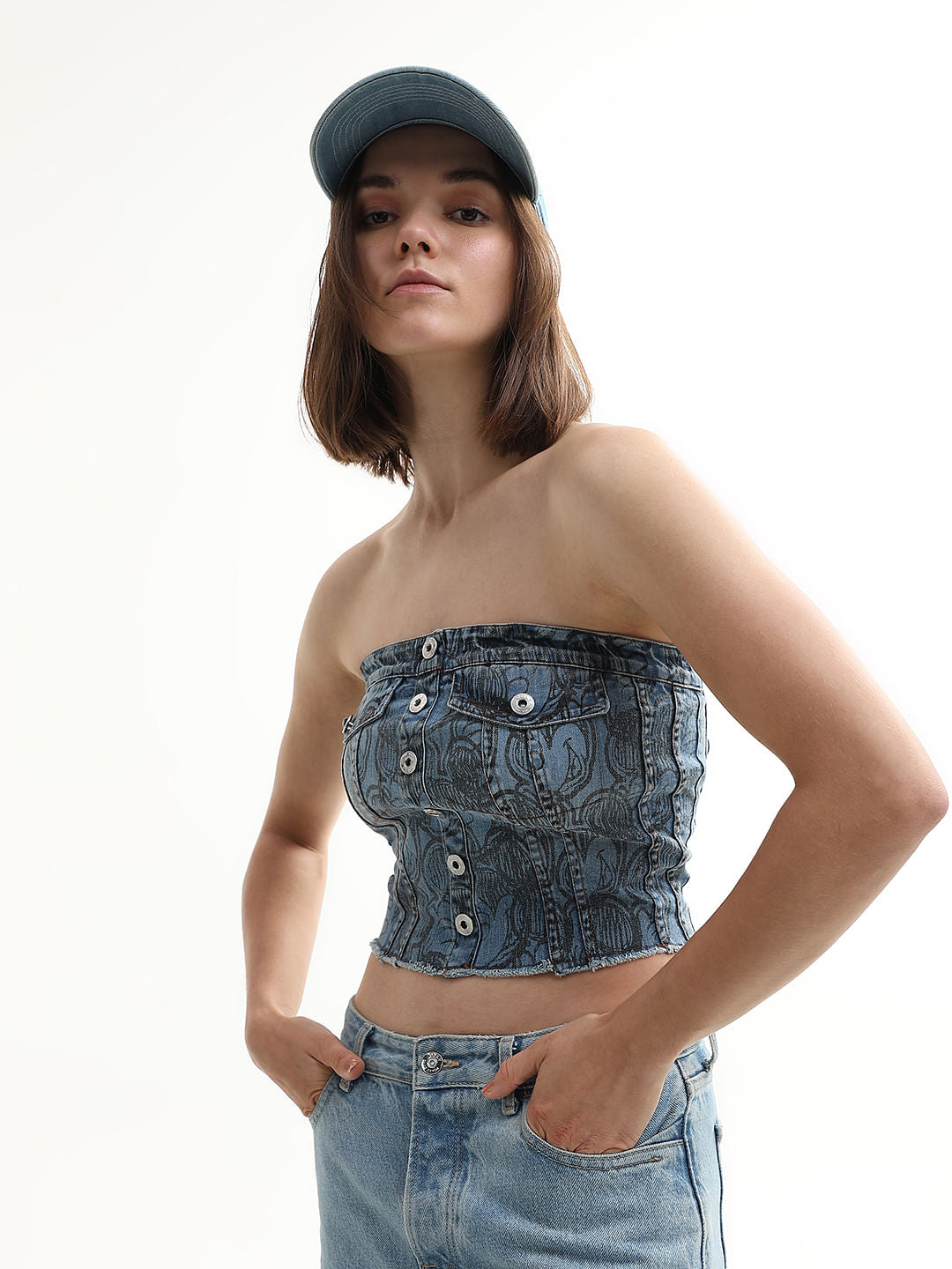 Mickey Blue Scribble Print Denim Tube Top