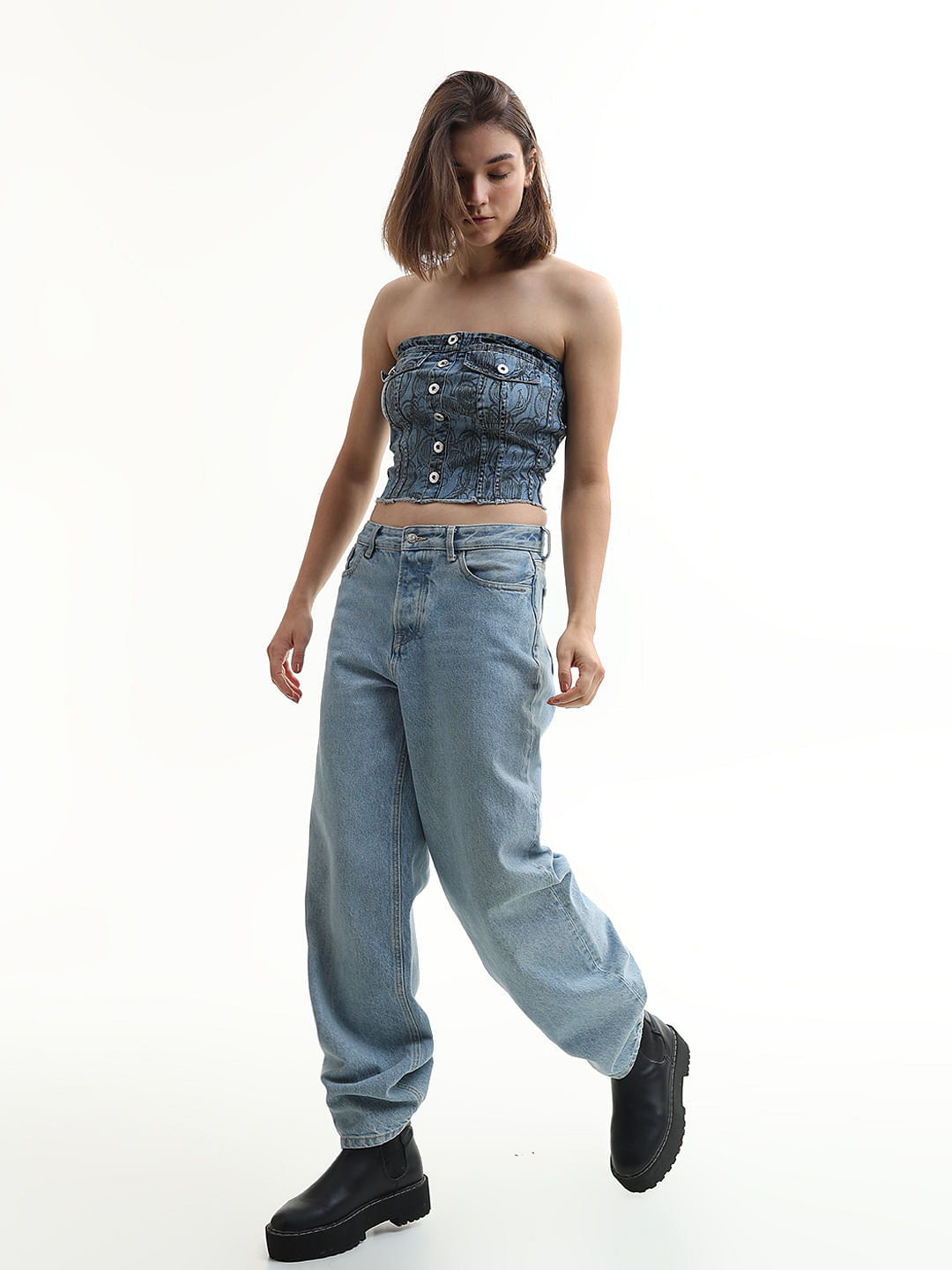 Mickey Blue Scribble Print Denim Tube Top