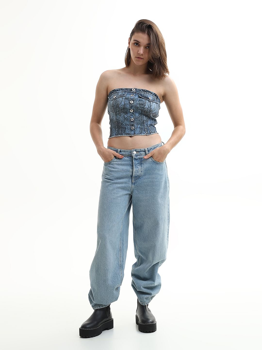 Mickey Blue Scribble Print Denim Tube Top