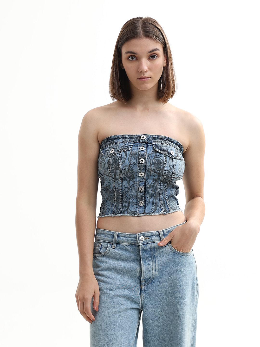 Mickey Blue Scribble Print Denim Tube Top