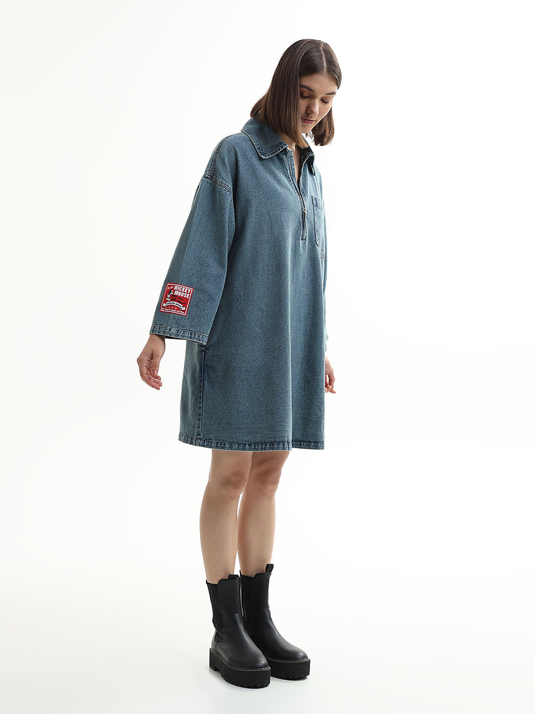 Mickey Blue Printed Oversized Denim Dress