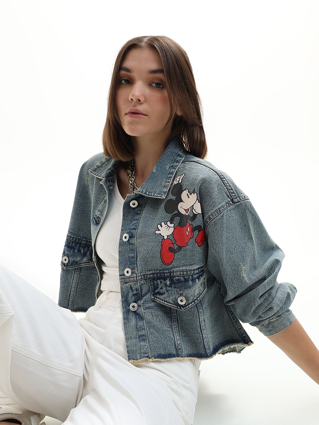 Mickey Blue Printed Vintage Cropped Jacket