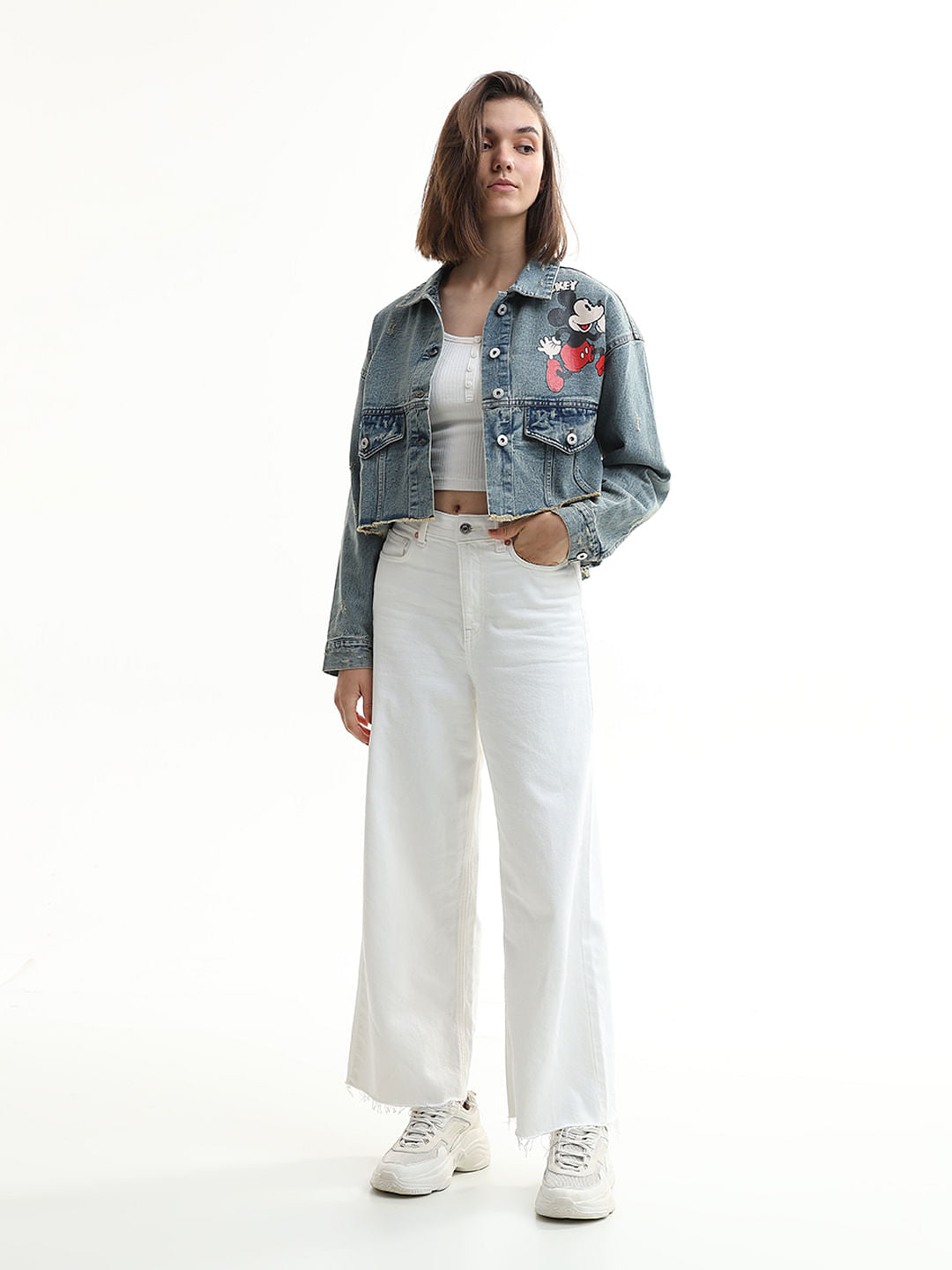 Mickey Blue Printed Vintage Cropped Jacket