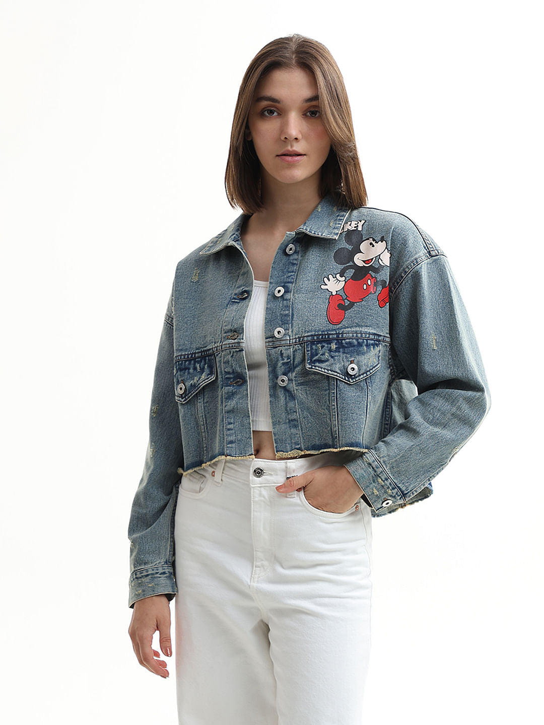 Mickey Blue Printed Vintage Cropped Jacket