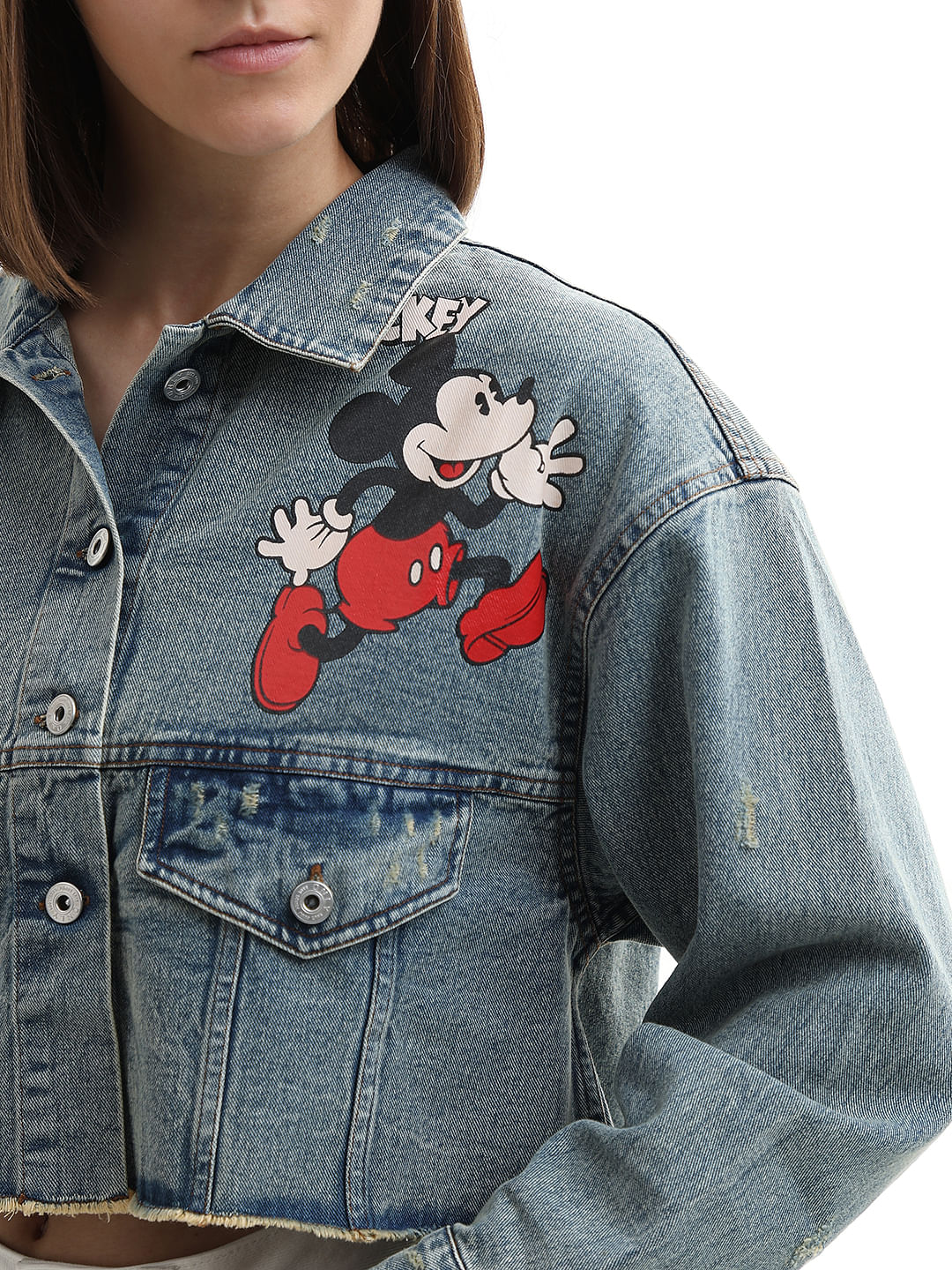 Mickey Blue Printed Vintage Cropped Jacket