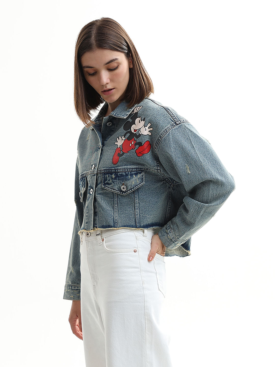 Mickey Blue Printed Vintage Cropped Jacket