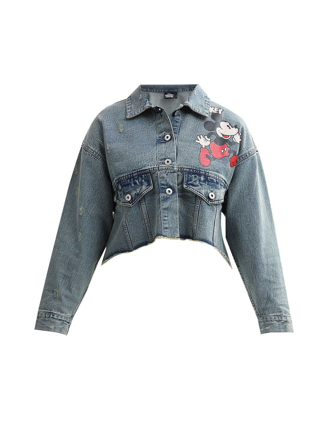 Mickey Blue Printed Vintage Cropped Jacket