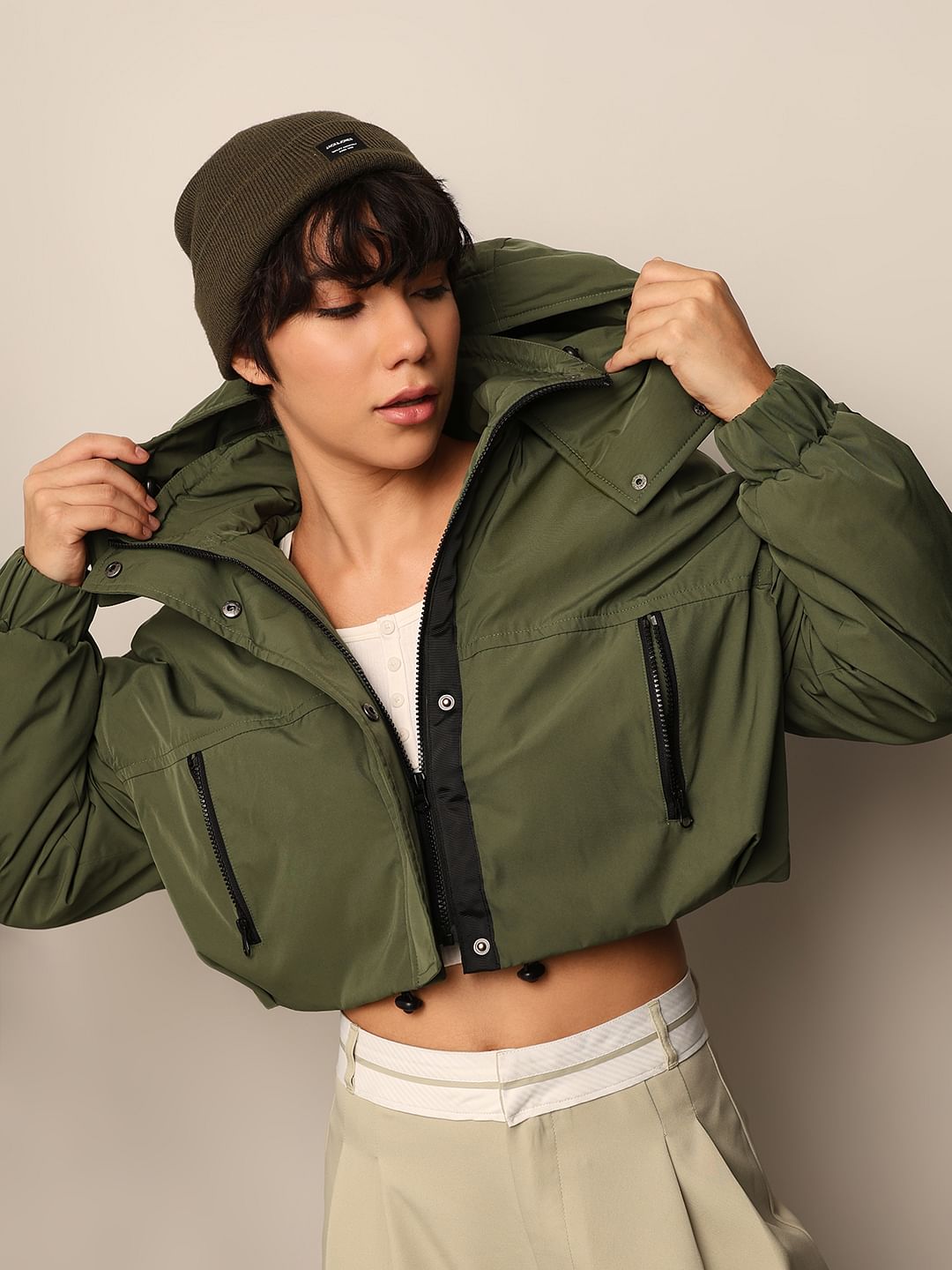Dark Green Cropped Hooded Puffer Jacket
