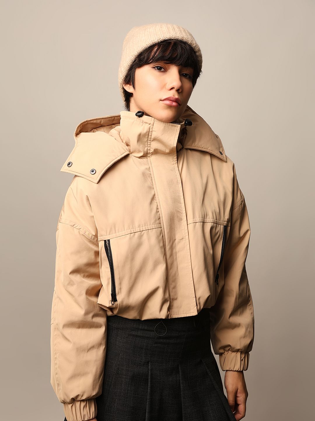 Beige Cropped Hooded Puffer Jacket