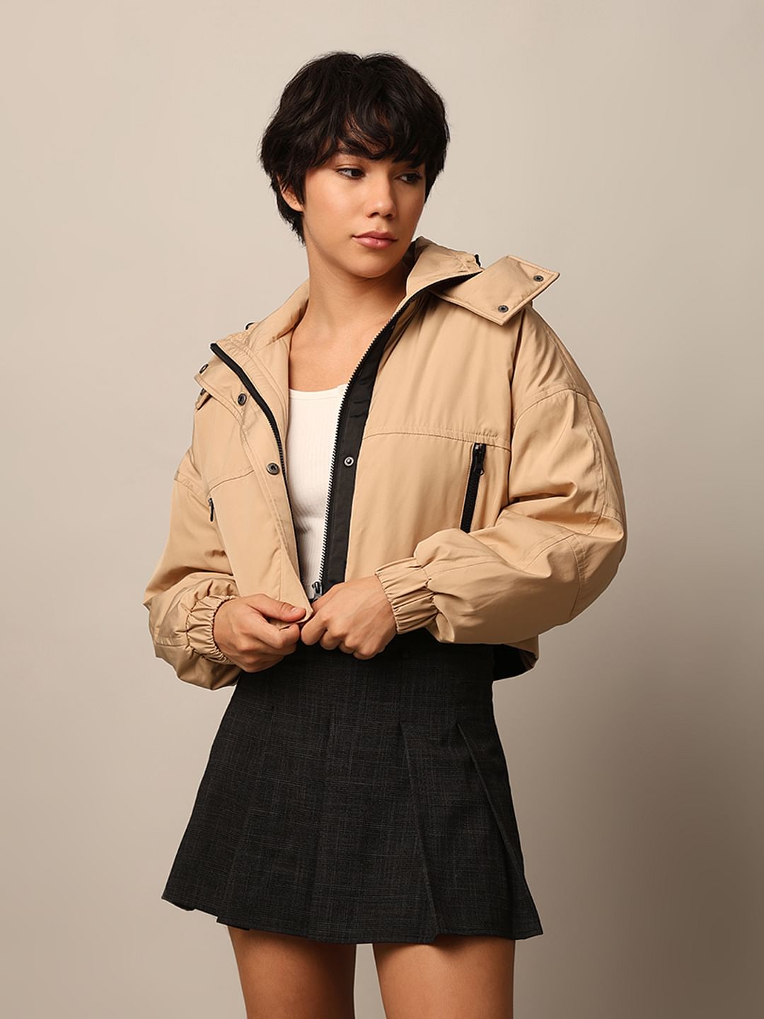 Beige Cropped Hooded Puffer Jacket