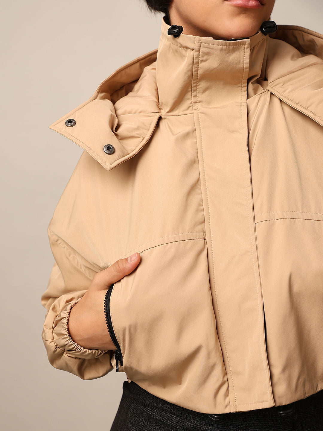 Beige Cropped Hooded Puffer Jacket