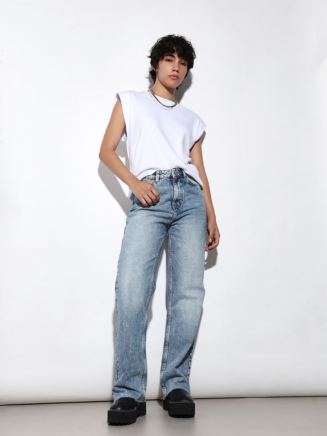 Light Blue High Rise Straight Fit Jeans