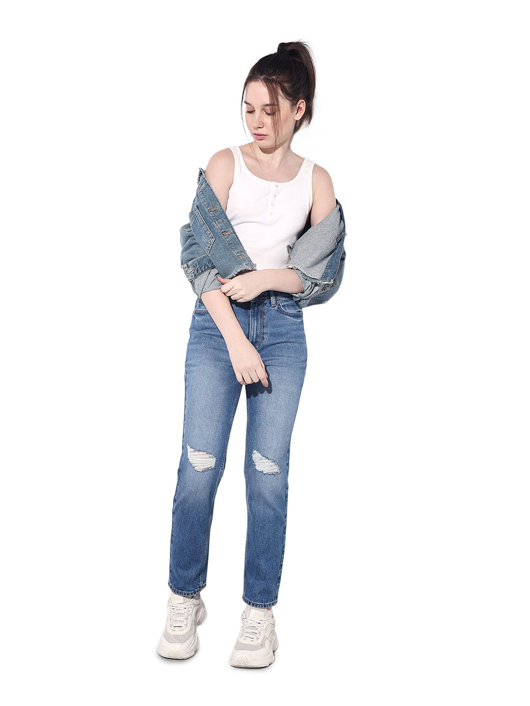 Blue High Rise Distressed Straight Jeans