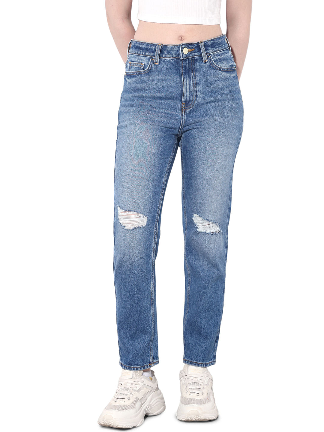 Blue High Rise Distressed Straight Jeans