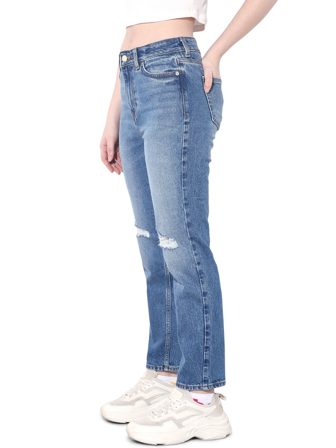 Blue High Rise Distressed Straight Jeans