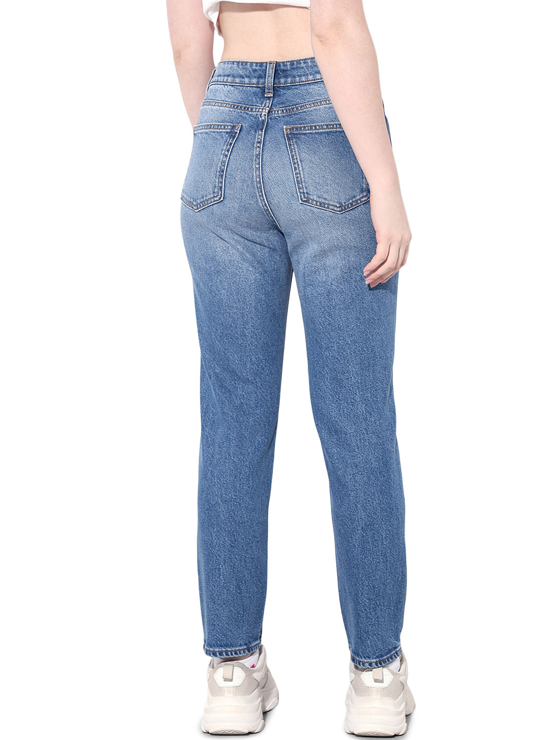 Blue High Rise Distressed Straight Jeans