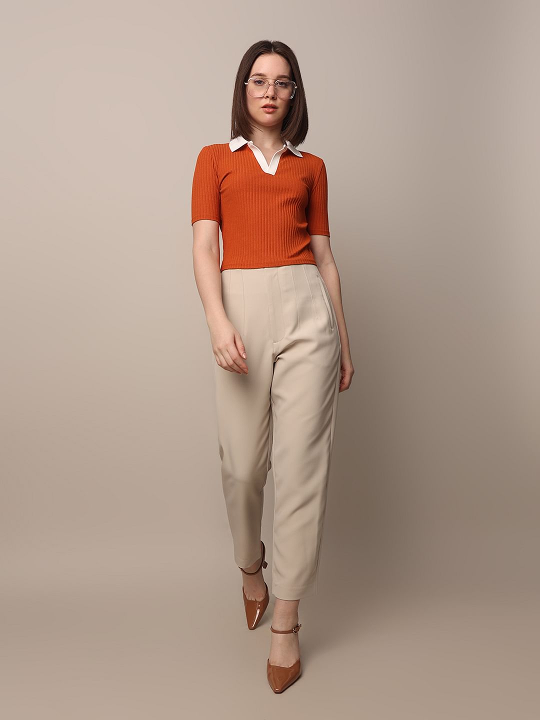 Beige High Rise Tailored Pants