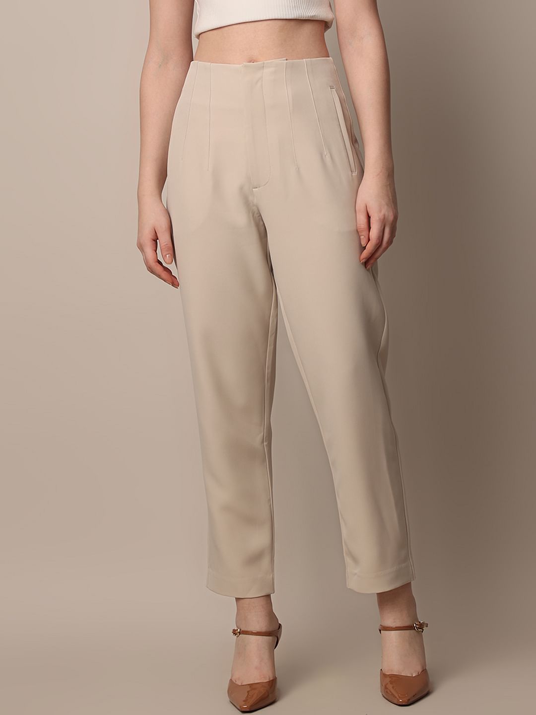 Beige High Rise Tailored Pants
