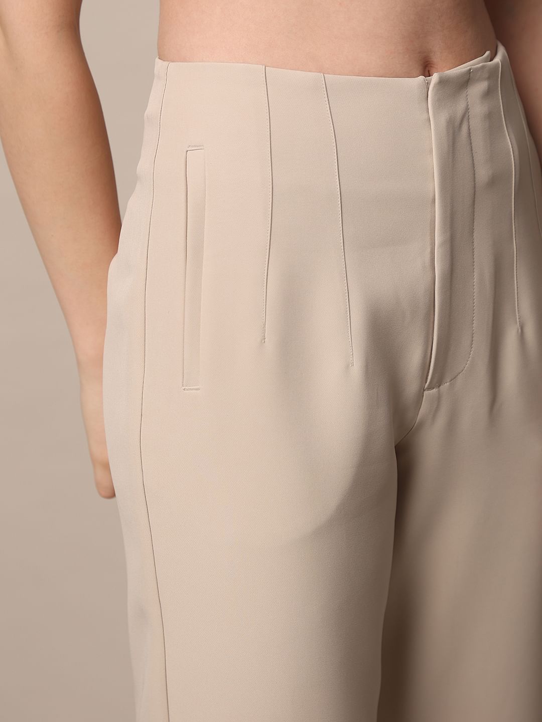 Beige High Rise Tailored Pants