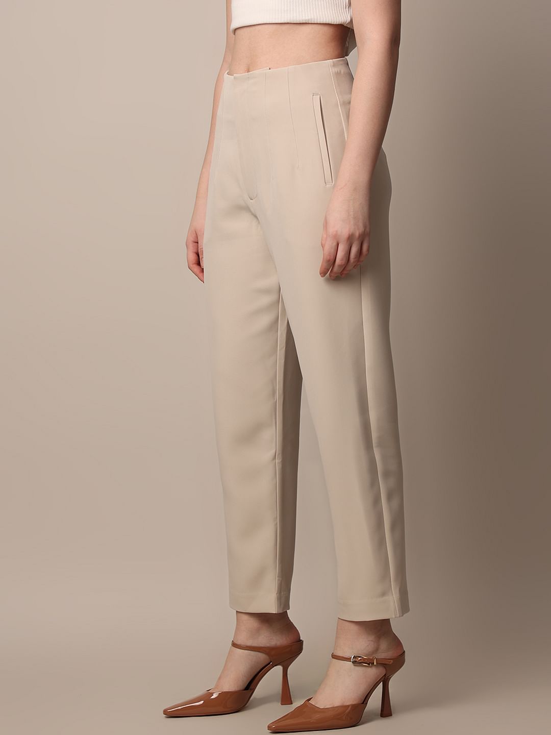 Beige High Rise Tailored Pants