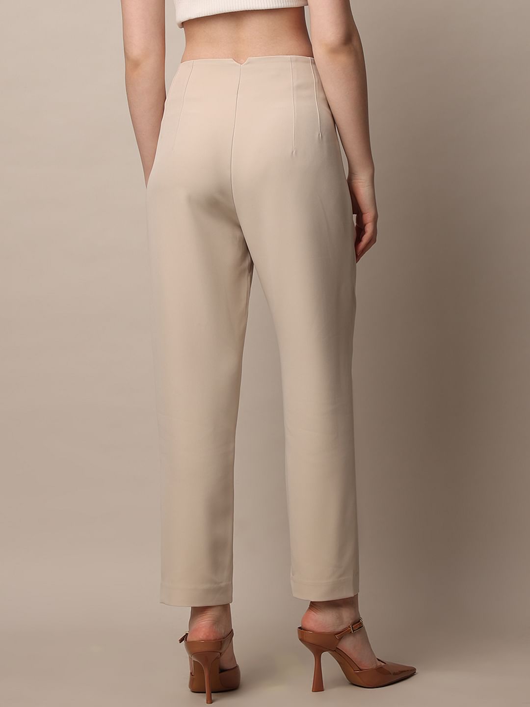 Beige High Rise Tailored Pants