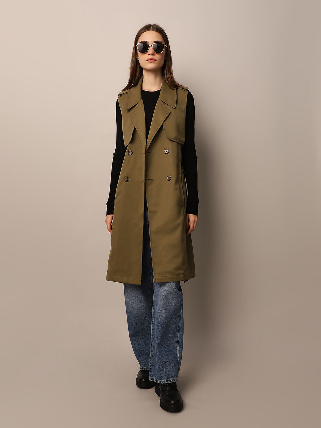 Olive Green Sleeveless Trench Coat