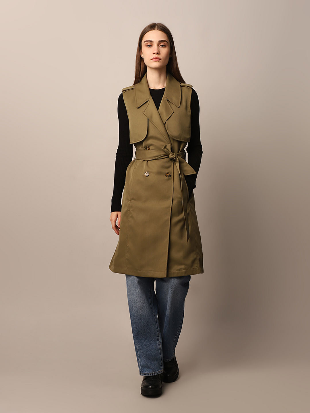Olive Green Sleeveless Trench Coat