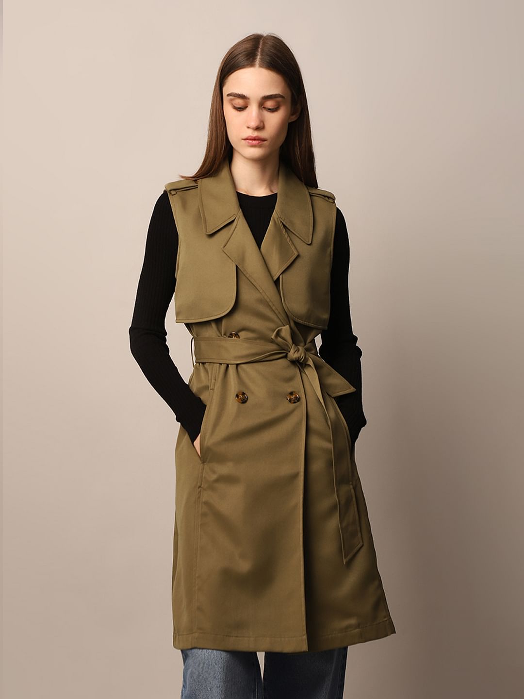 Olive Green Sleeveless Trench Coat
