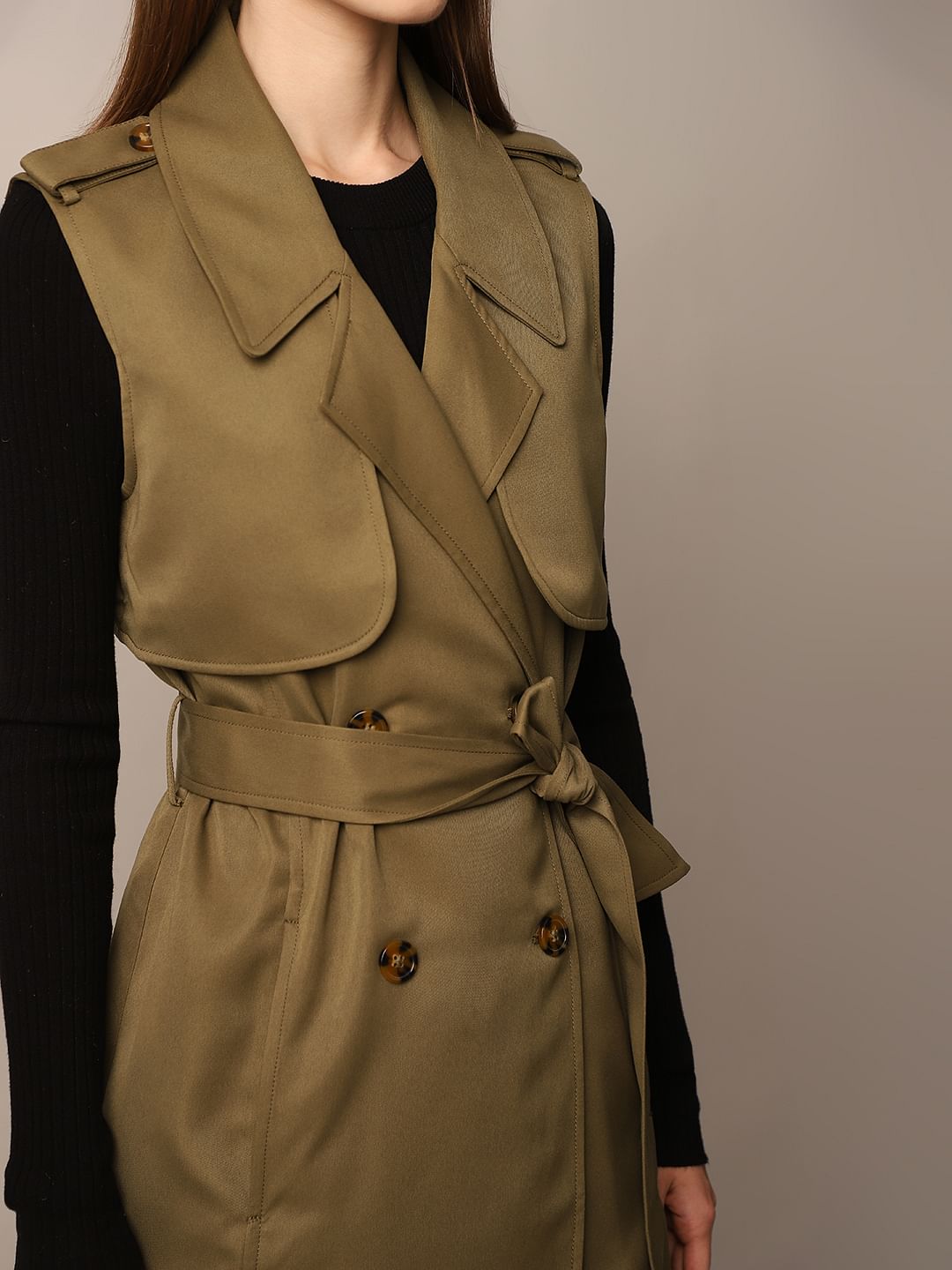 Olive Green Sleeveless Trench Coat