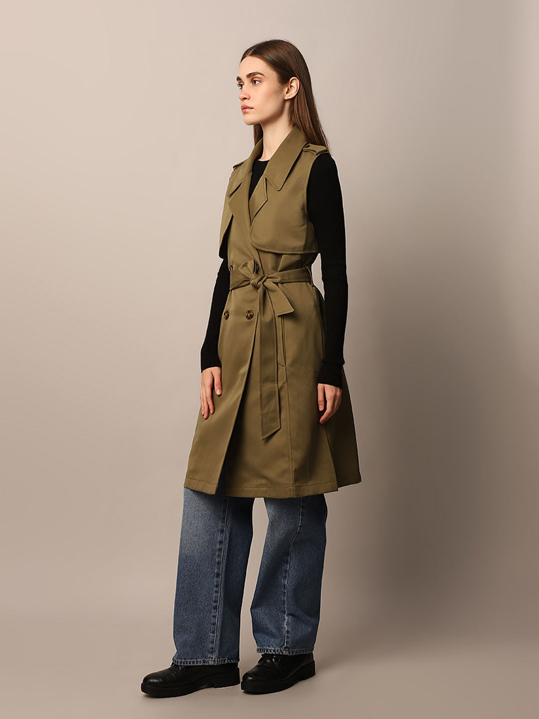 Olive Green Sleeveless Trench Coat