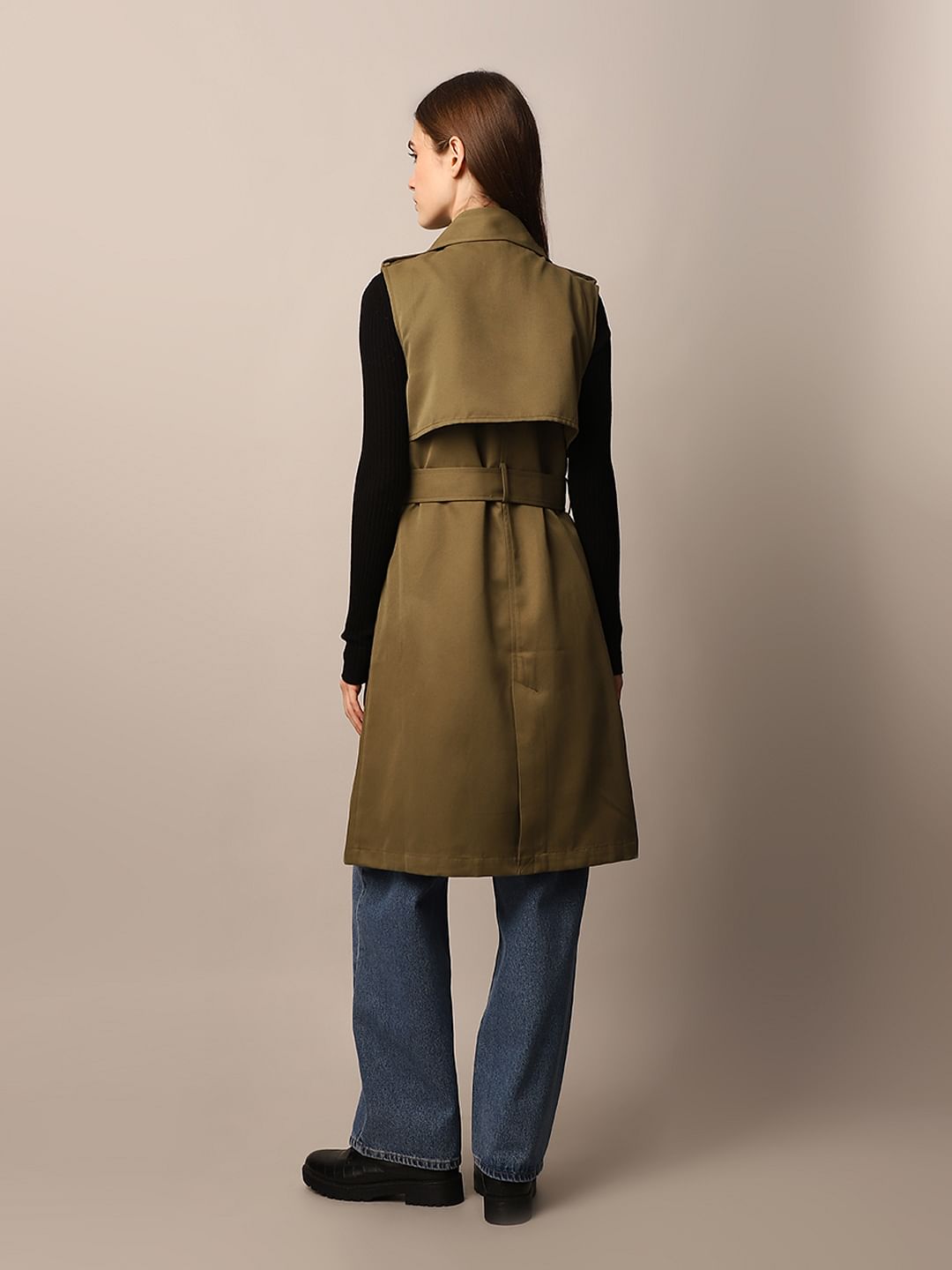 Olive Green Sleeveless Trench Coat