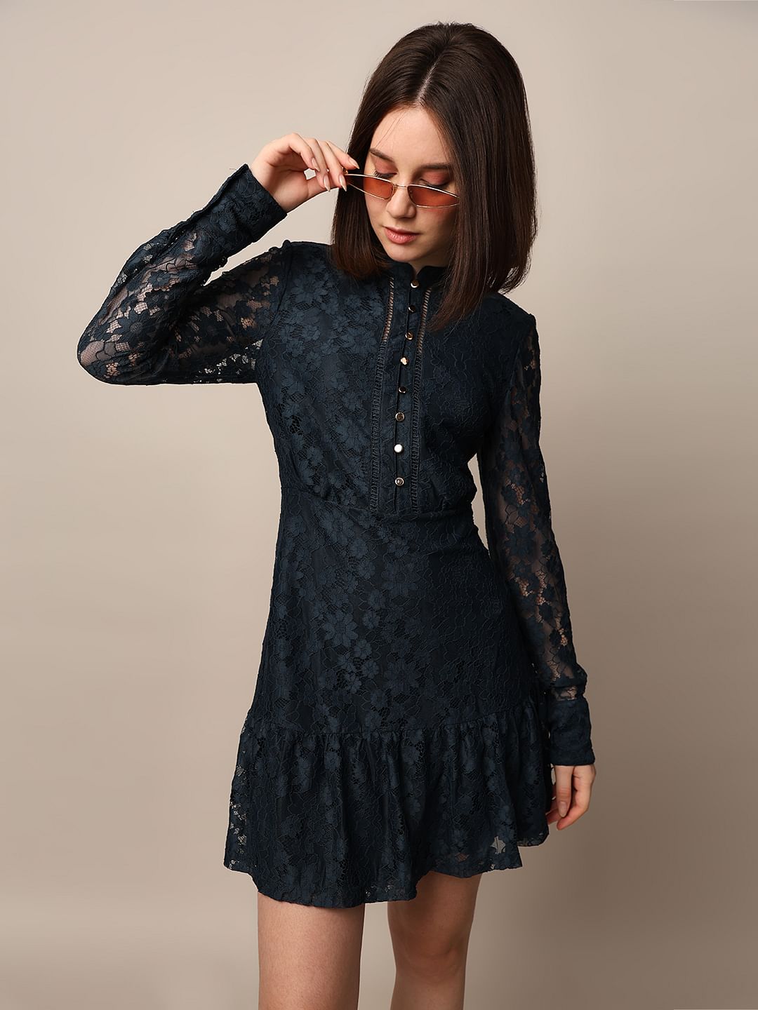 Dark Blue Lace Mini Dress - Main Image