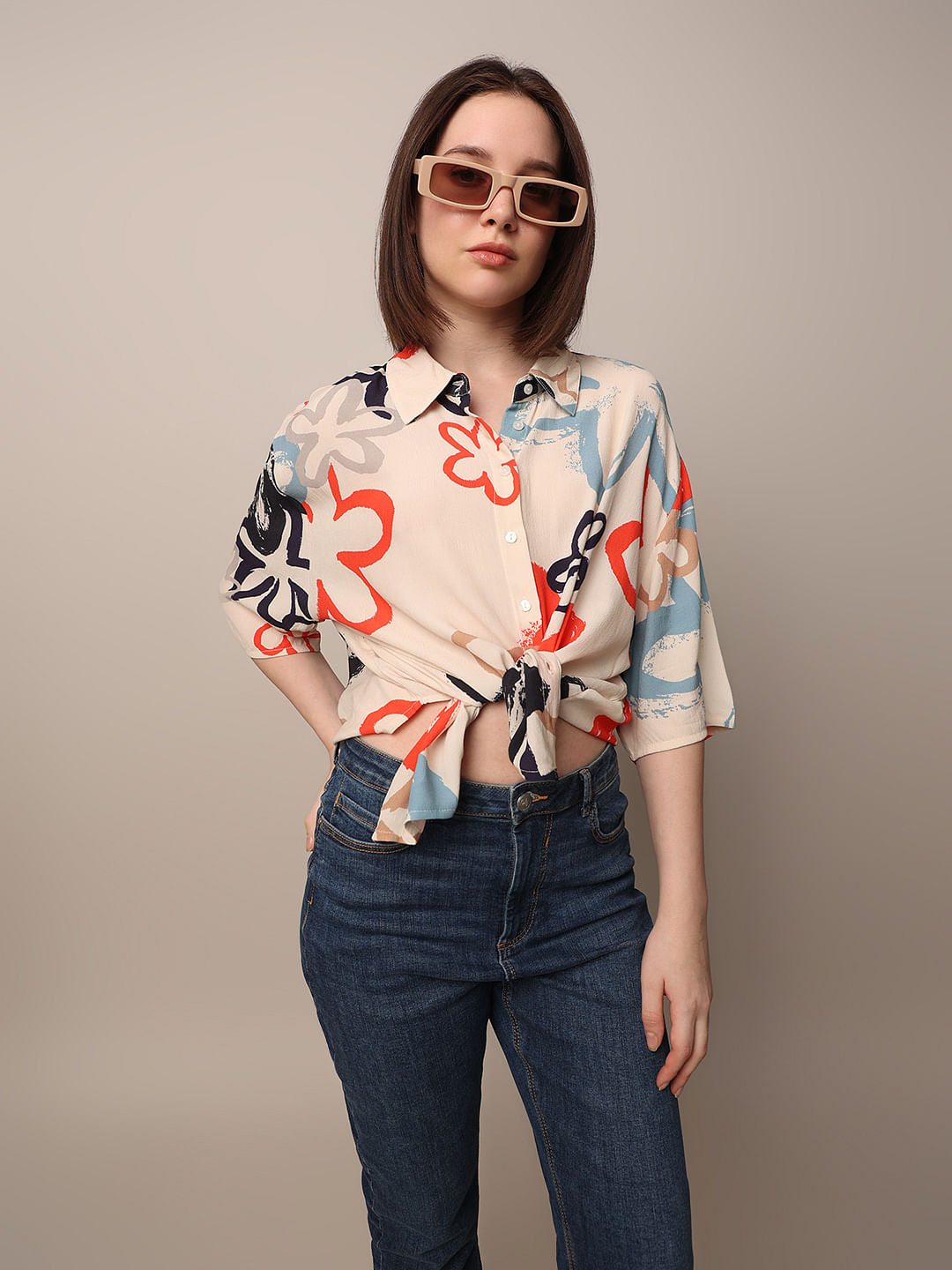 Beige Printed Viscose Shirt