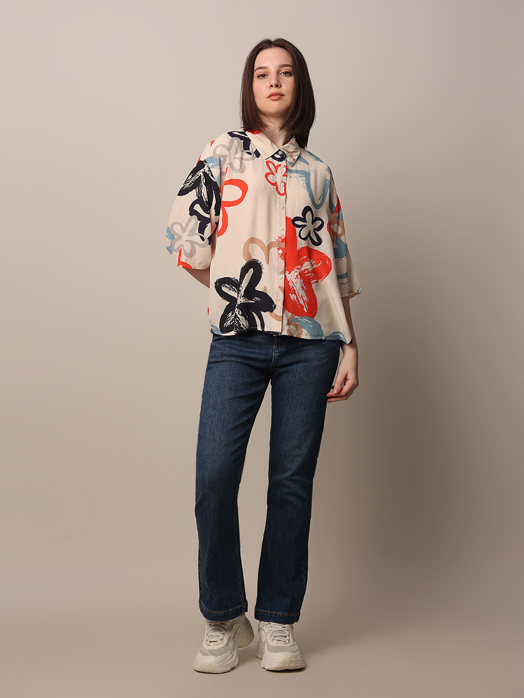 Beige Printed Viscose Shirt
