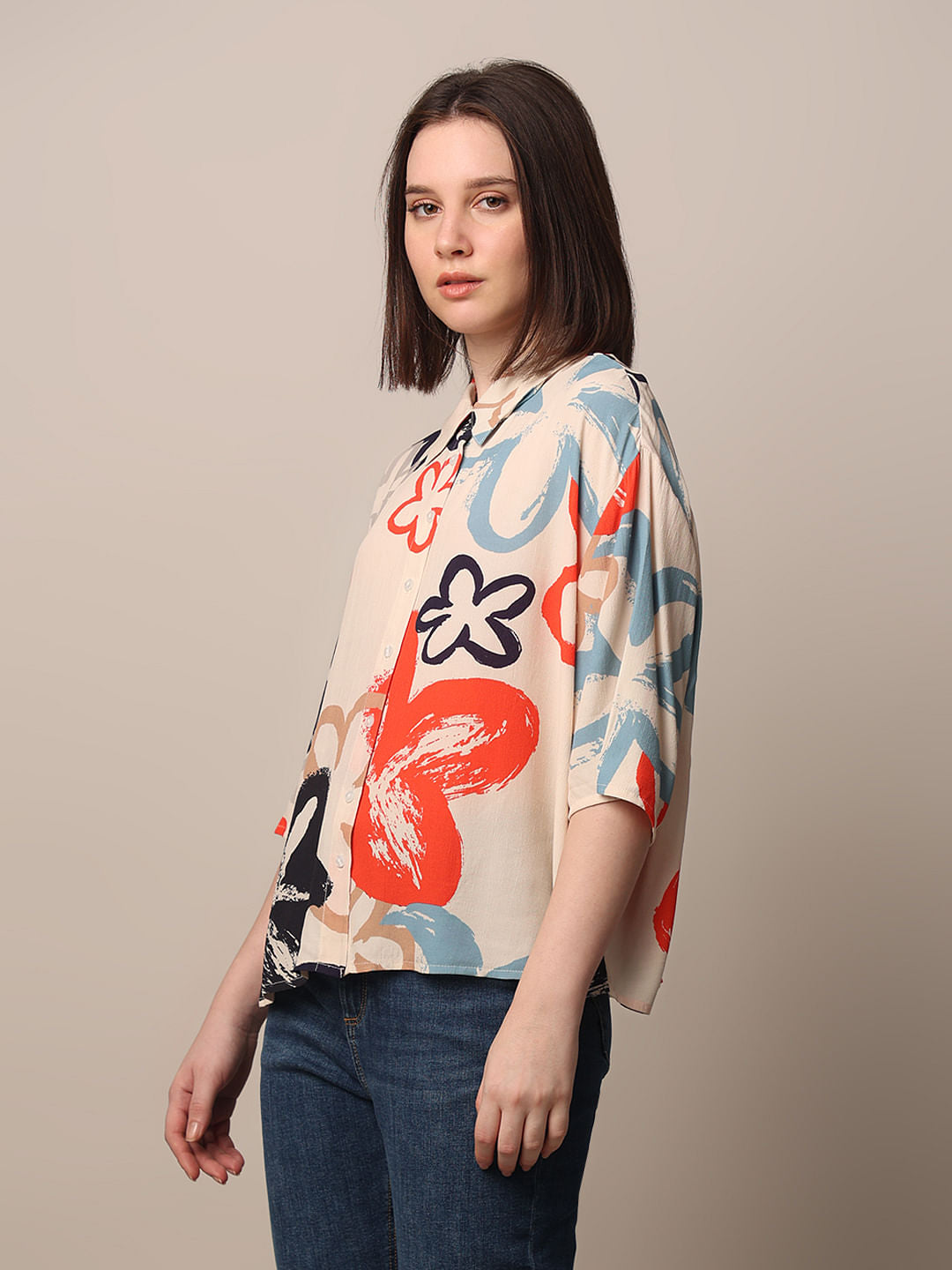 Beige Printed Viscose Shirt