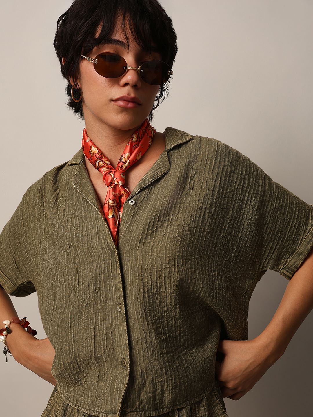 Dark Olive Resort Collar Co-Ord Set Shirt