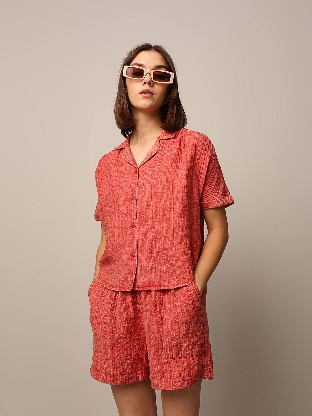 Red Washed Co-Ord Set Shirt