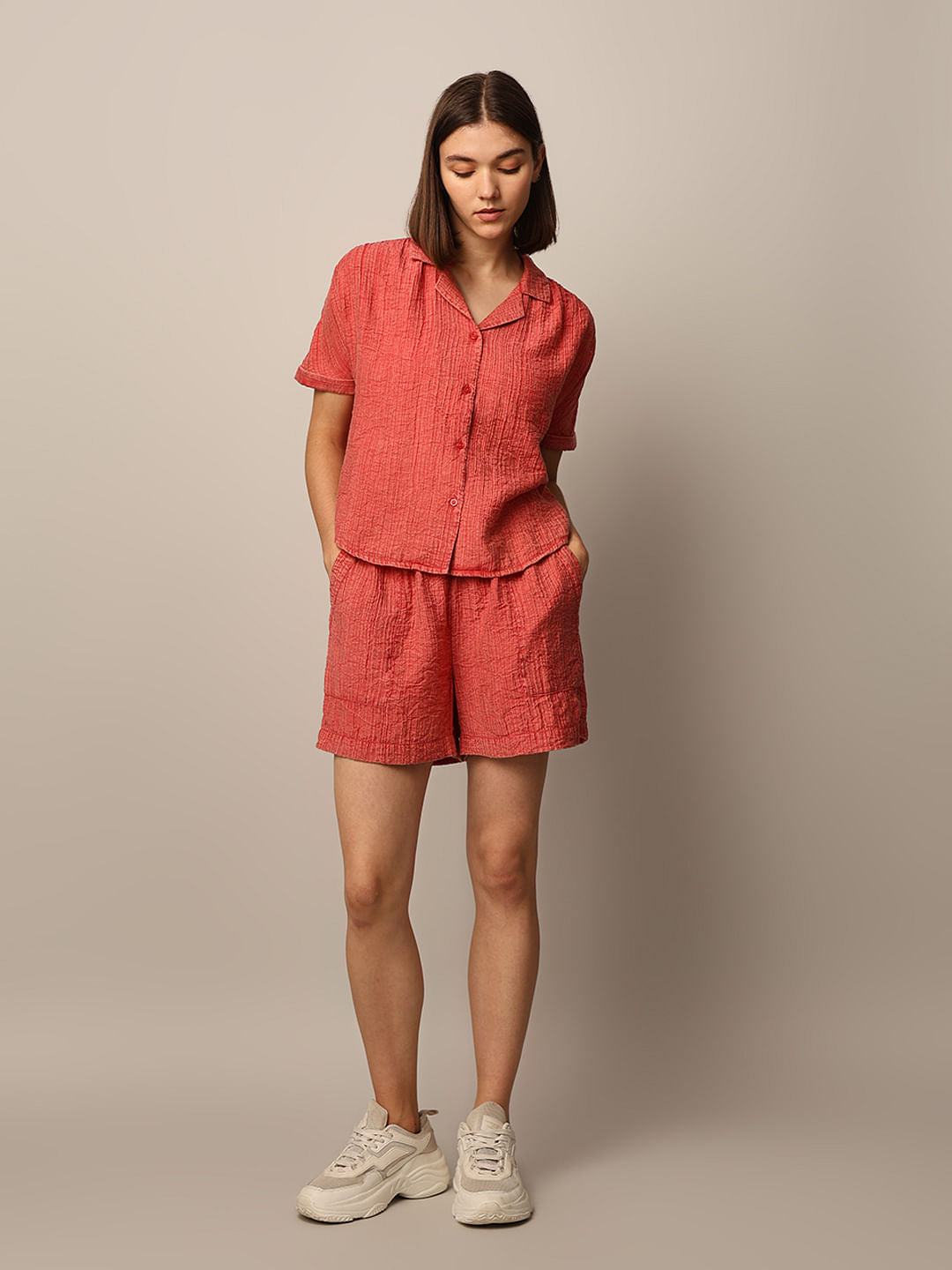 Red Washed Co-Ord Set Shirt