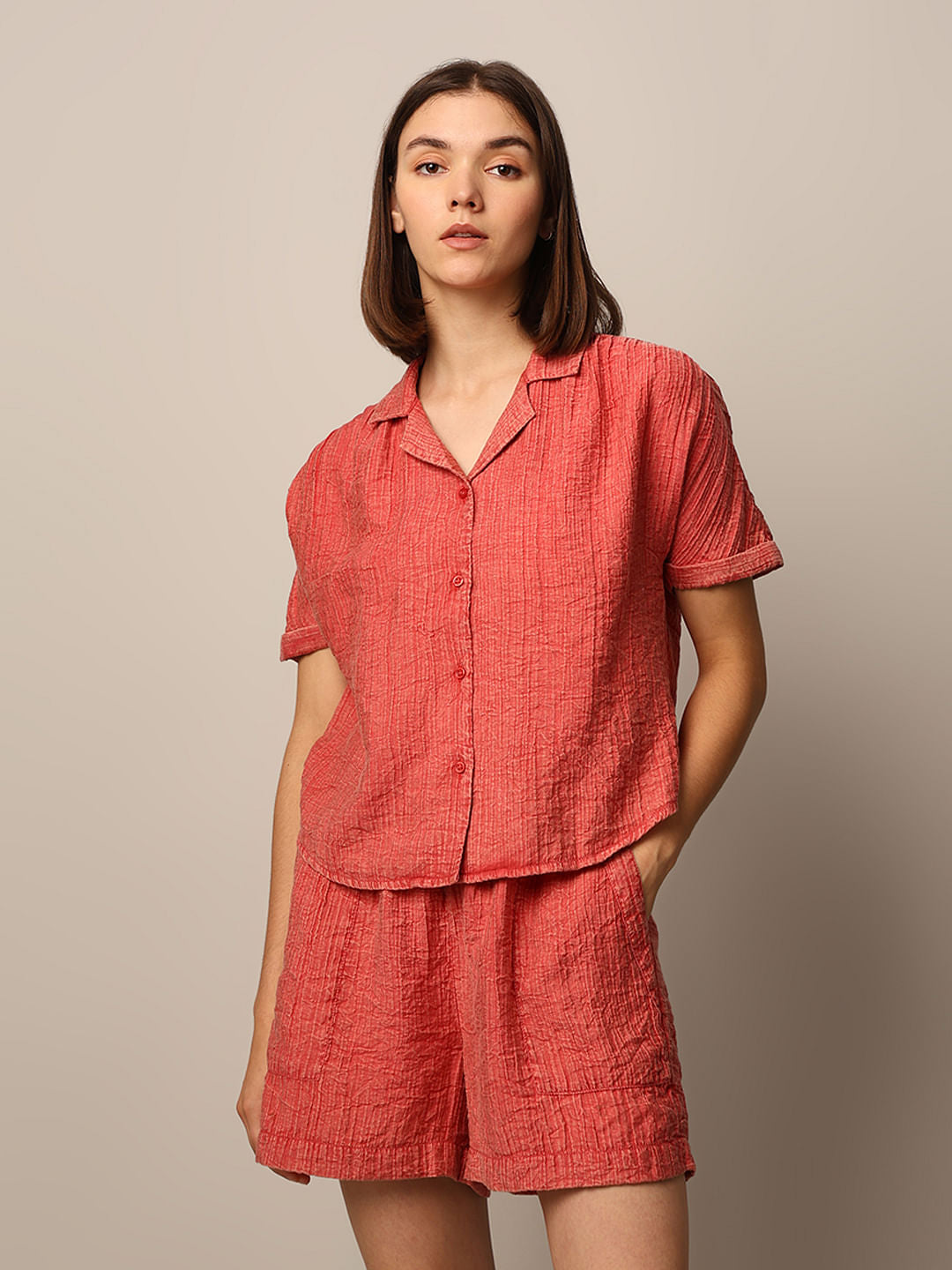 Red Washed Co-Ord Set Shirt