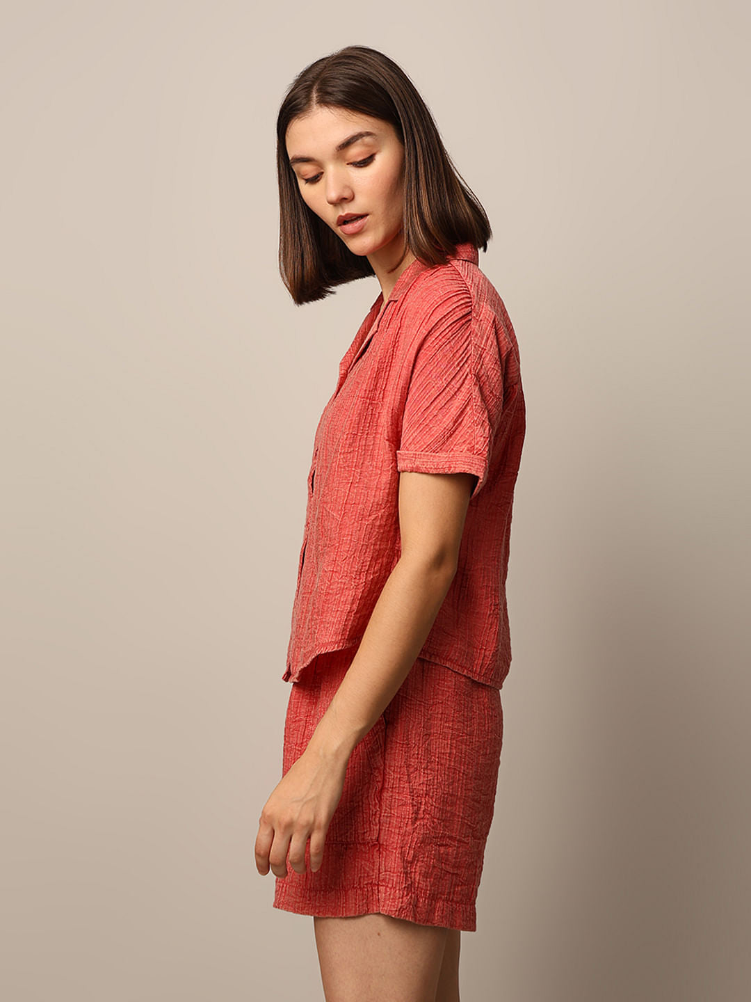 Red Washed Co-Ord Set Shirt