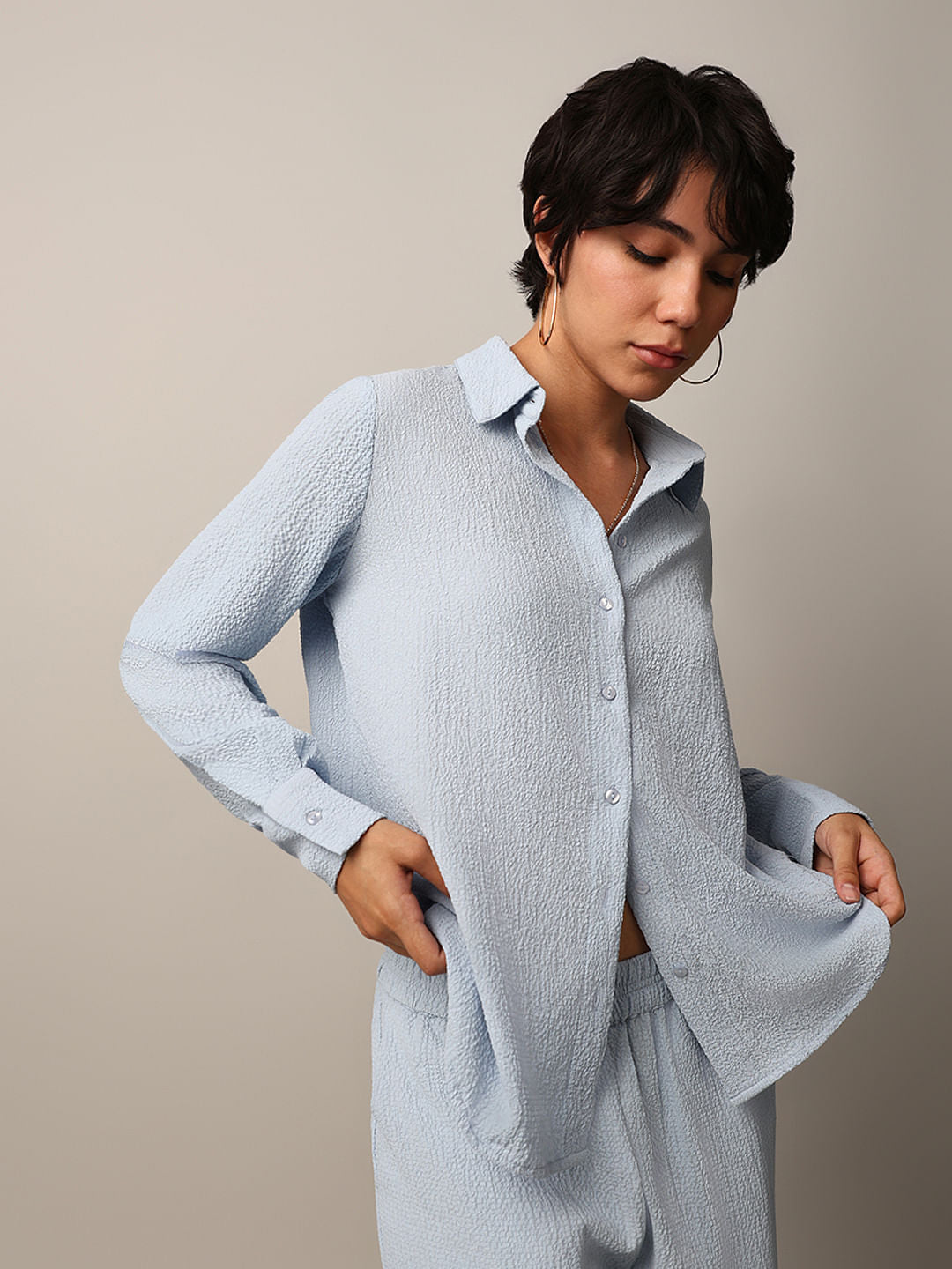Blue Crinkle Weave Co-Ord Set Shirt