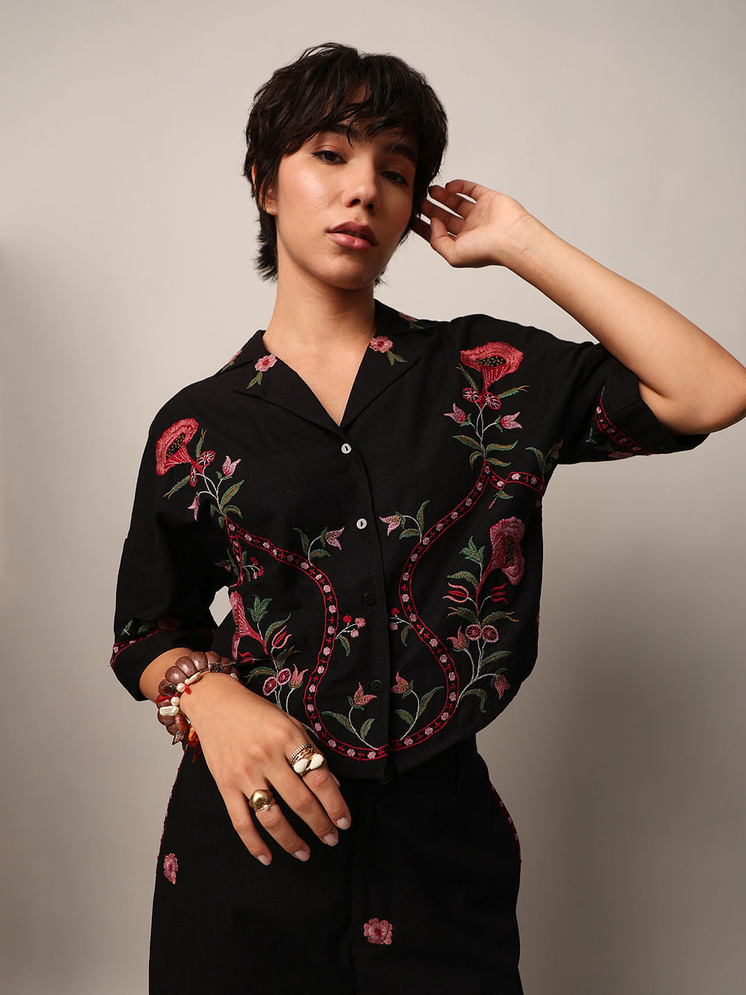 Black Embroidered Co-Ord Set Shirt