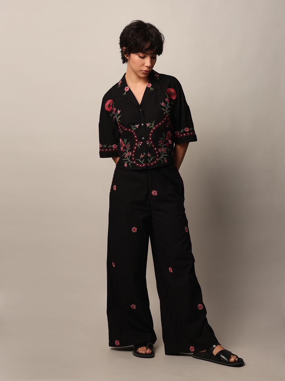 Black Embroidered Co-Ord Set Shirt