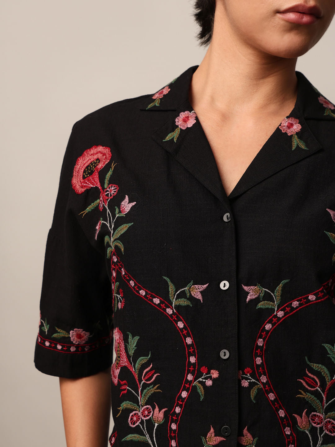 Black Embroidered Co-Ord Set Shirt