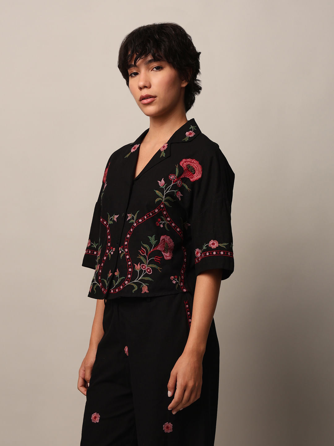 Black Embroidered Co-Ord Set Shirt